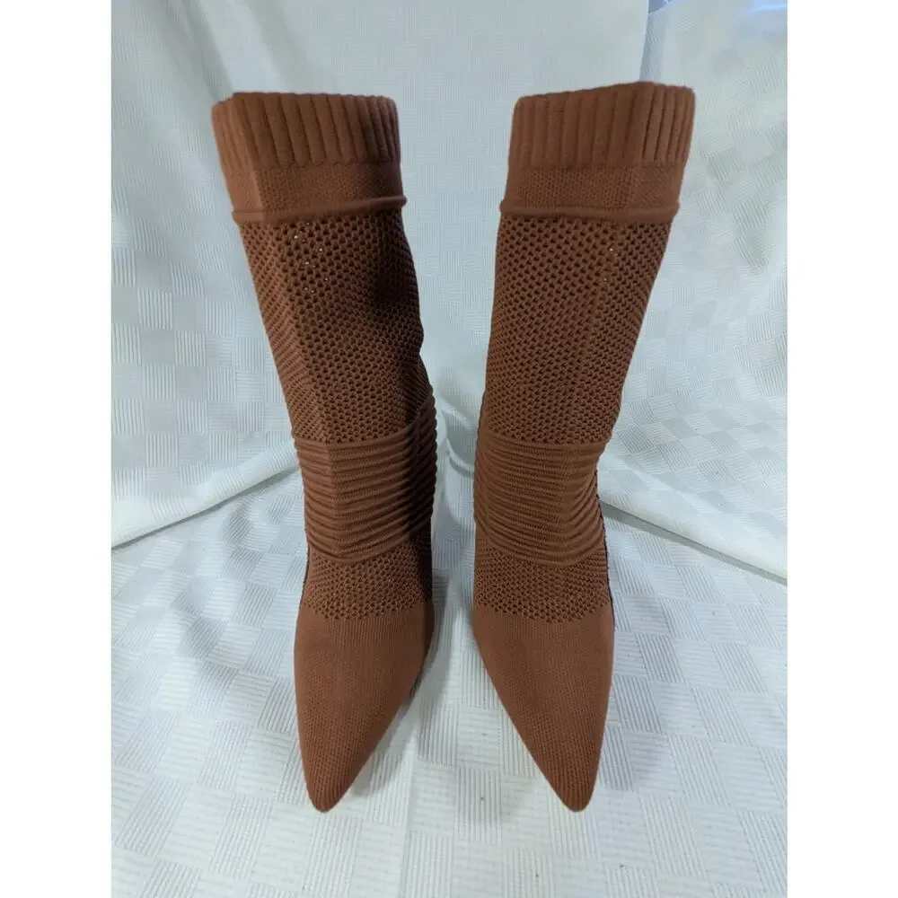NWOT! ROUGE HELIUM! LUXE BROWN KNIT ELASTIC FITTED STILETTO ANKLE BOOTS! SZ 10M